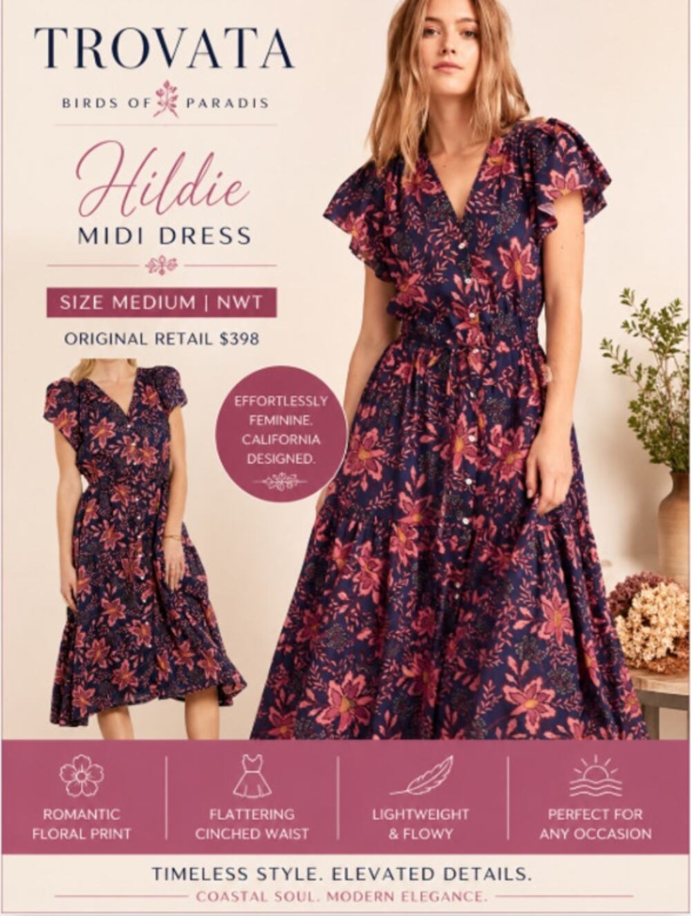 Trovata Birds of Paradis Hildie Dress Medium NWT Burgundy Pink Floral Tie Waist